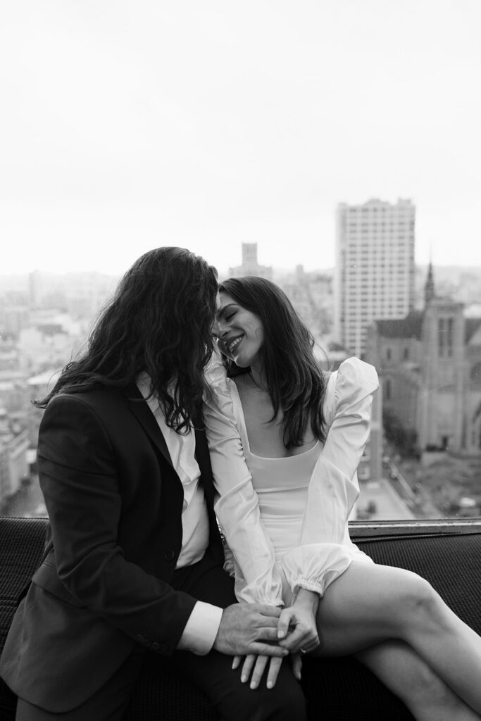 north beach engagement session at the Top of the Mark Hopkins Hotel
